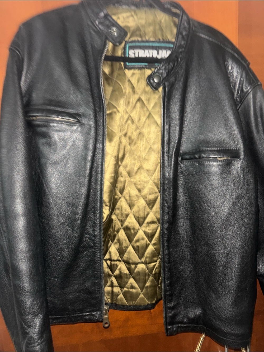 Vintage Men’s Motorcycle Leather Jacket with Quilted Olive Lining Size M